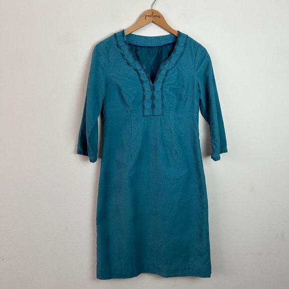 Boden Dresses & Skirts - Boden Mallard Velvet Casual Dress Teal Ruffle V-Neck 3/4 Sleeve Small S